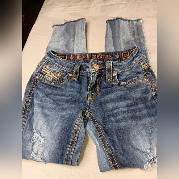 Rock Revival Distressed Thrash Grunge Blue Designer Jeans (#259) - Picture 1 of 11